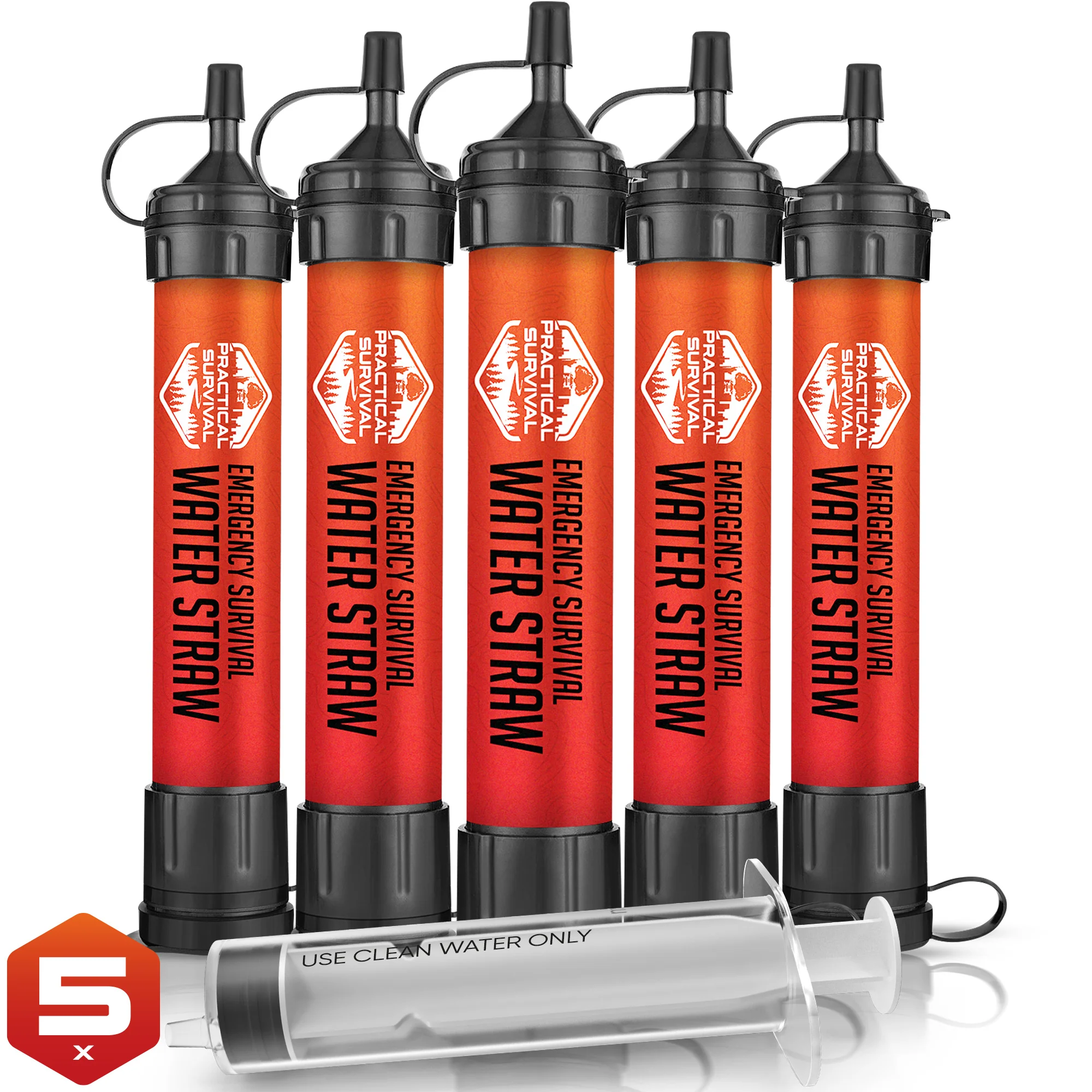 Practical Survival Emergency Water Filter Straw — 5-Pack with back-flush syringe