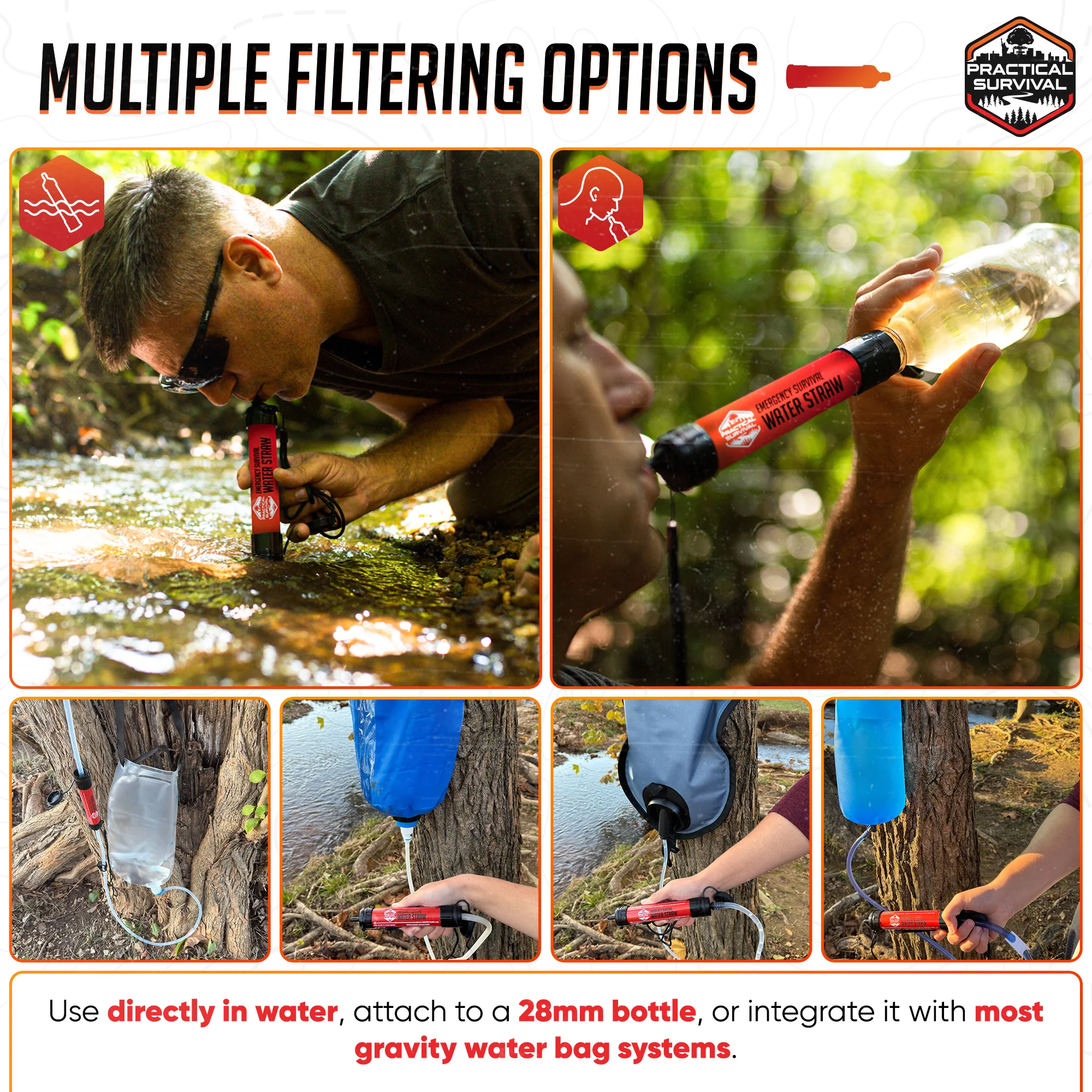 The Practical Survival Emergency Water Straw being used directly from a creek, threaded onto a 28mm bottle, and integrated with a gravity-fed water bag system.