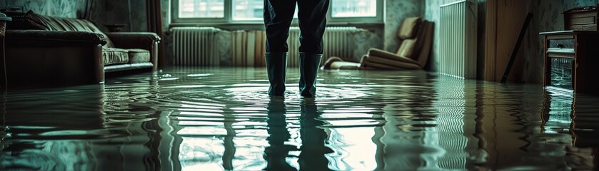 A flooded ground-floor apartment with several inches of standing water.